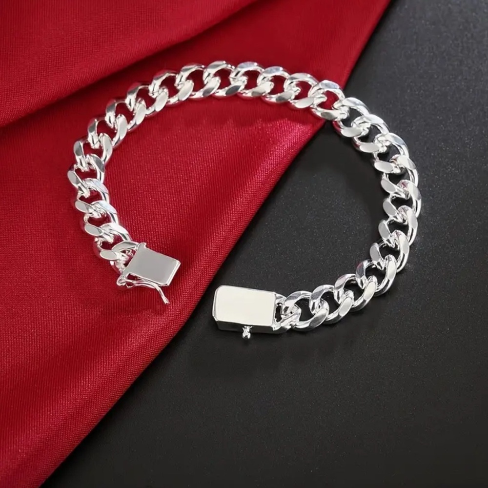 Men’s 925 Sterling Silver Link Chain Bracelet w/ Square Buckle Clasp